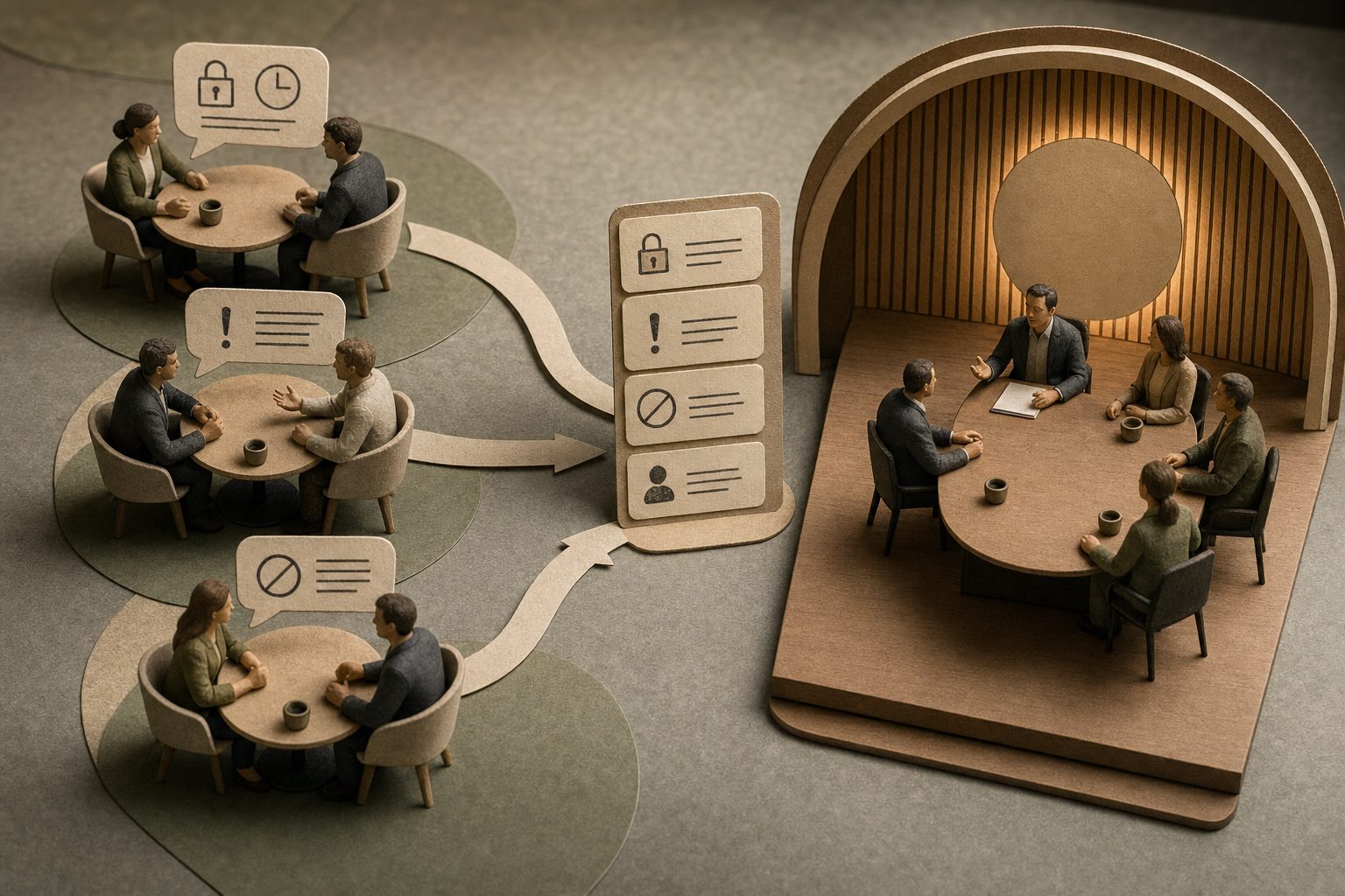 Più conversazioni brevi di pre-allineamento convergono verso un meeting formale già preparato, con vincoli, obiezioni e decision owner visibili prima del confronto finale.