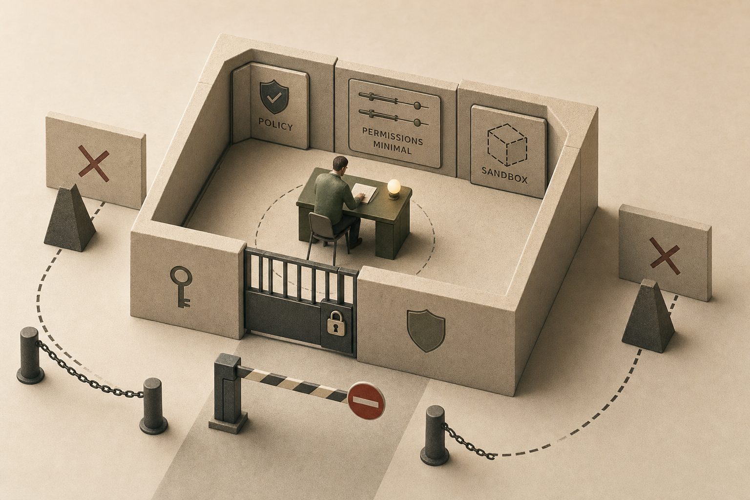 Un agente opera dentro un recinto tecnico fatto di permessi minimi, sandbox, policy e gate espliciti; fuori dal recinto le azioni sono semplicemente non disponibili.