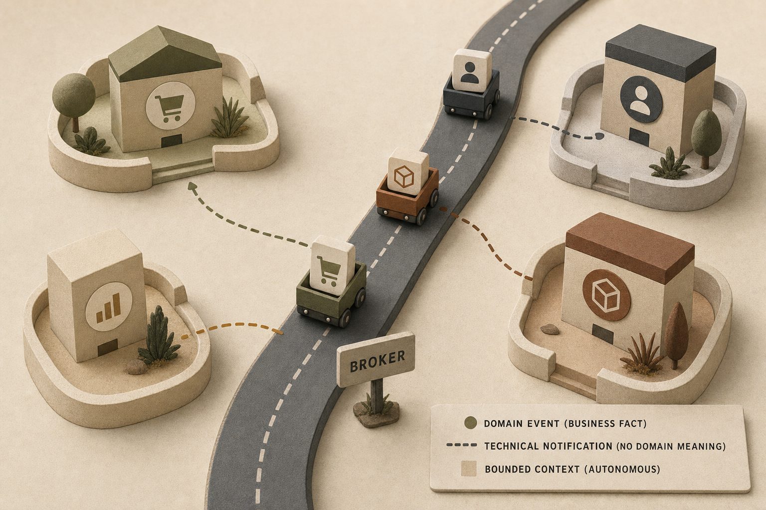 Un broker al centro resta volutamente secondario, mentre gli elementi principali sono eventi di dominio semanticamente chiari che collegano bounded context autonomi e producono decisioni indipendenti.