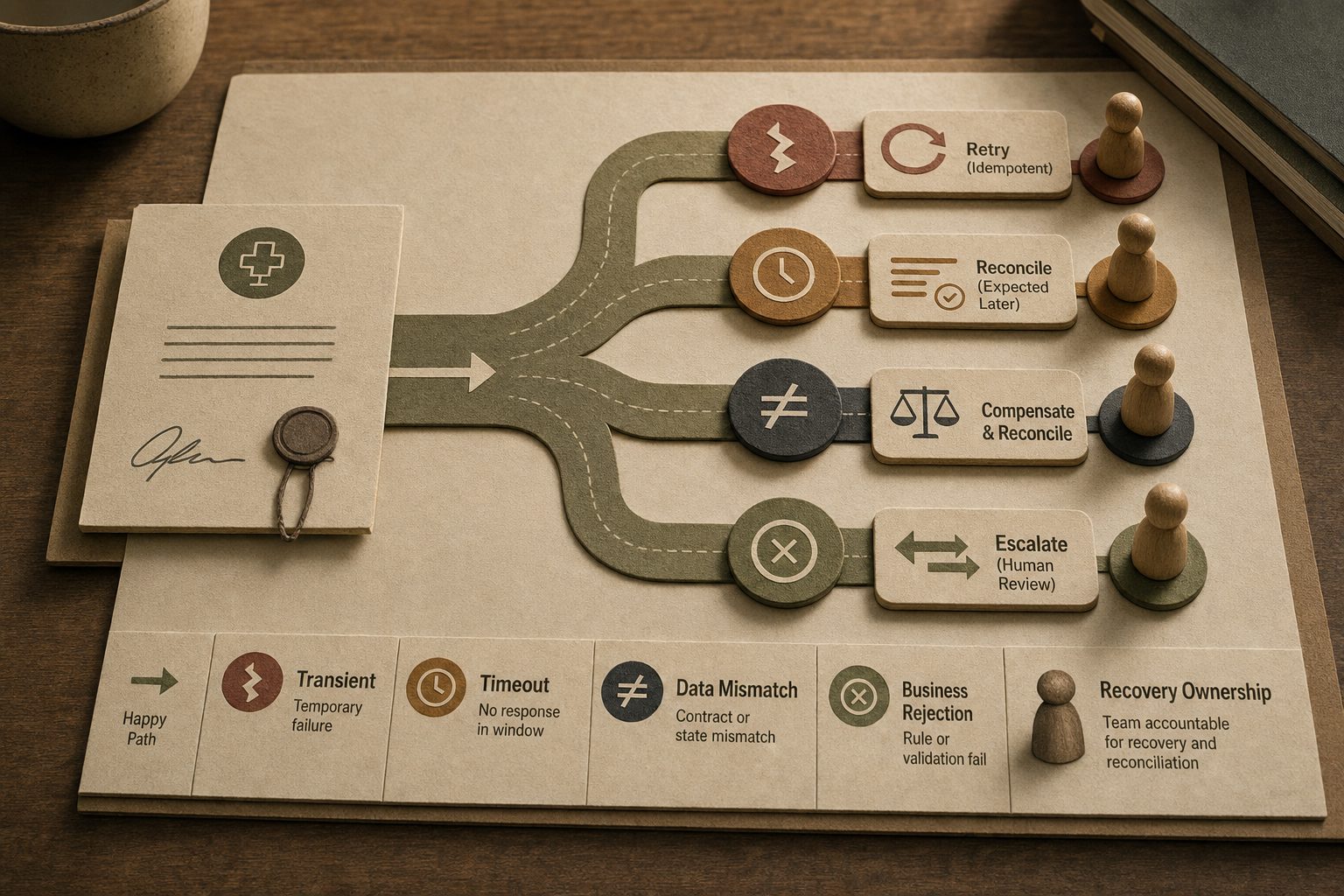 Un contratto di integrazione biforca la happy path in stati di fallimento espliciti, ognuno con retry, riconciliazione, compensazione o escalation assegnati.