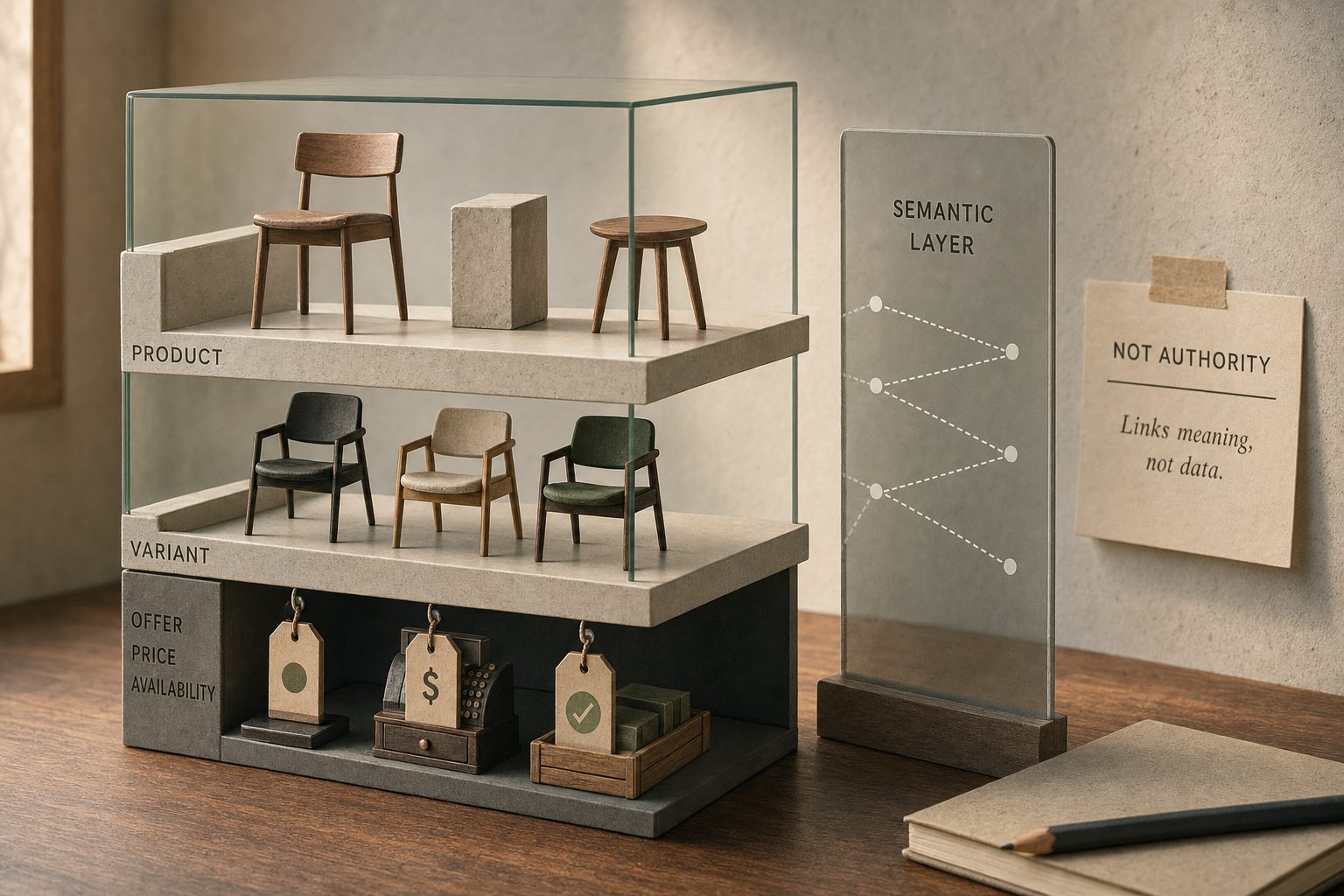 Una struttura a livelli separa Product e Variant dai fatti dinamici di Offer, Price e Availability, con un semantic layer che collega i significati senza diventare una nuova fonte di verità.