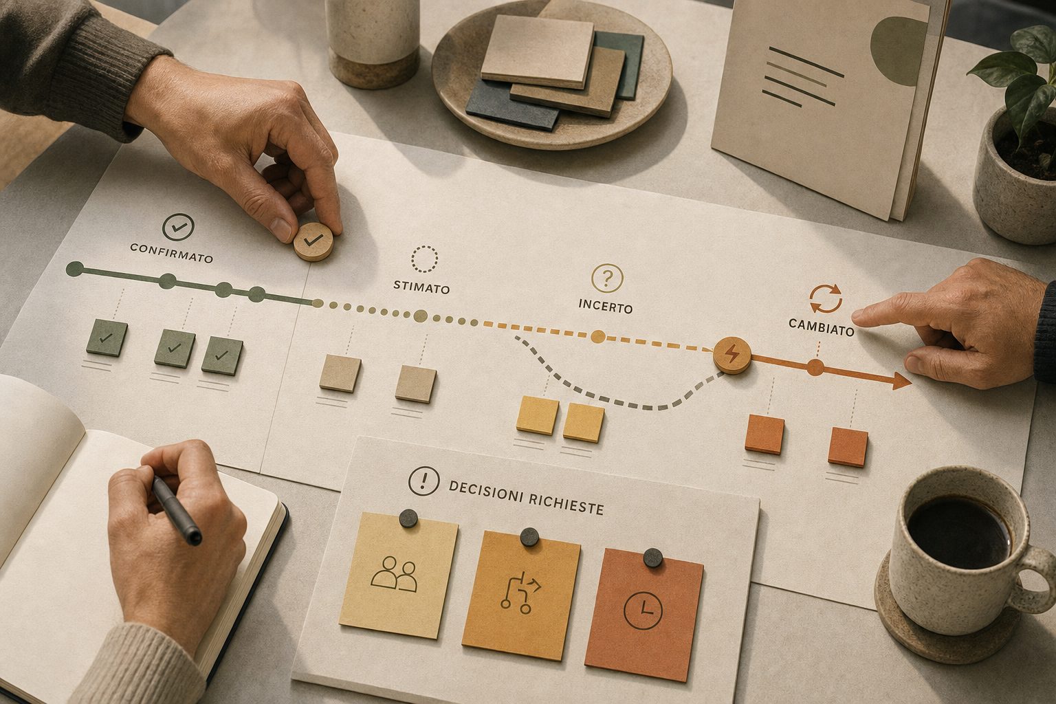 Una timeline di progetto viene aggiornata continuamente distinguendo ciò che è confermato, stimato, incerto e cambiato, con decisioni richieste rese visibili agli stakeholder.